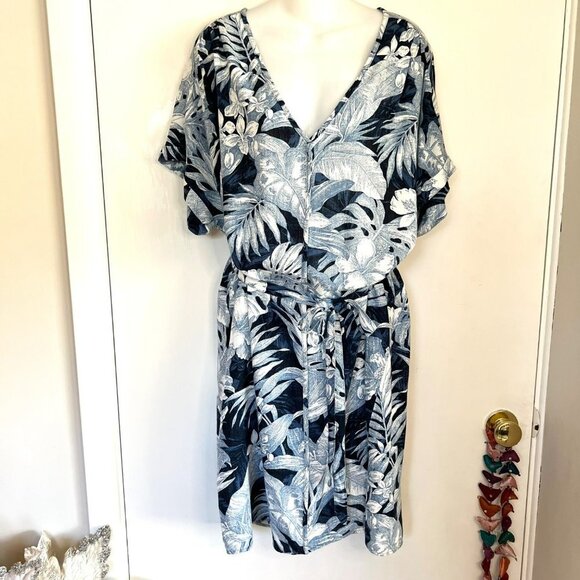 H & M LOGG NAVY BLUE TROPICAL PRINT LINEN BLEND DRESS SIZE LARGE - Picture 1 of 11